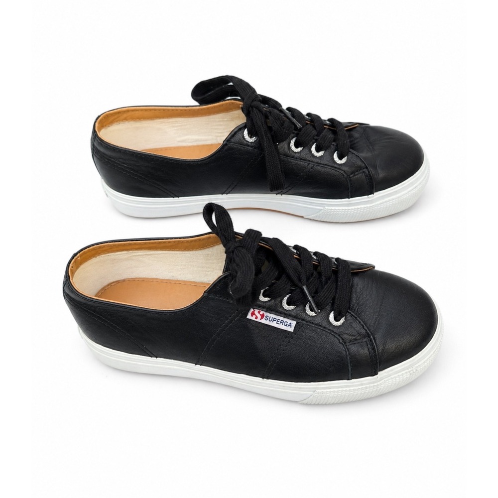 Superga 2750 Cotu Black Leather Low Top Sneakers Womens Size 7.5 EU 38